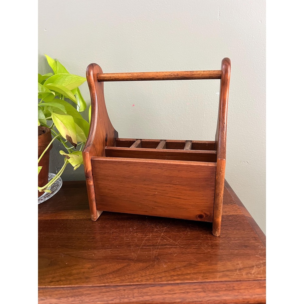 Vintage Teak Desk Organizer Utensil Holder Wooden Caddy